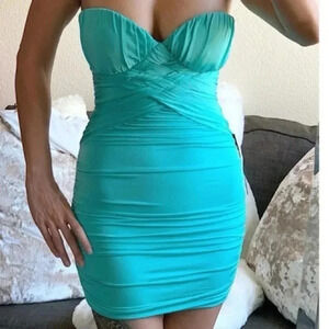 Bebe | Teal Strapless Ruched Bodycon Fitted Cocktail Party Dress Size XXS